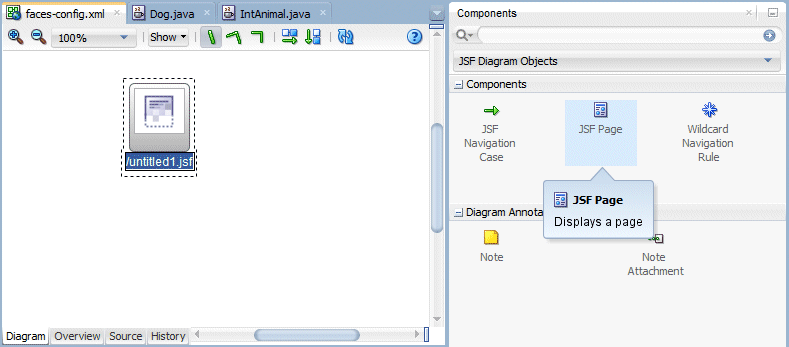 As previous diagram but with JSF Page selected in the Component Palette, and the cursor in the diagrammer ready to drop the selected component onto the diagram.