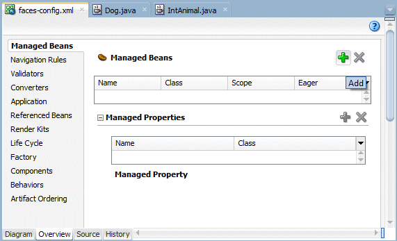 Overview page of faces-config with Managed Beans finger tab selected. Cursor points to green + to create a managed bean.