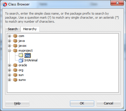Class Browser with Hierarchy tab selected, and the myproject node expanded and Dog selected.