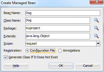 Create Managed Bean dialog with Configuration File radio button selected.