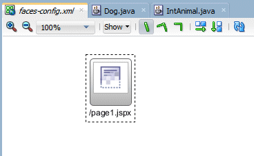 Diagram tab of faces-config showing the page icon with cursor positioned over it.