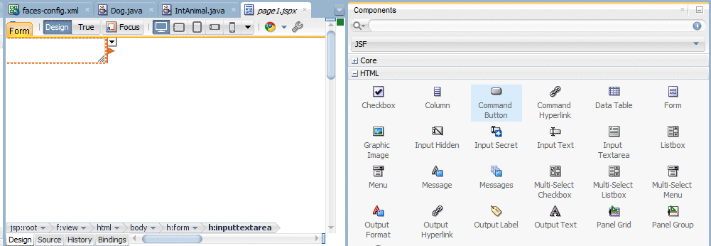 page1.jspx tab with Input Text component. Command Button component is selected in Component Palette, and cursor positioning this component on the page.