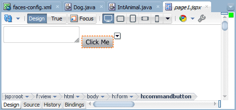 page1.jspx with the two components in place: commandButton is selected, and in the Property Inspector on the right, the Value property shows Click Me.