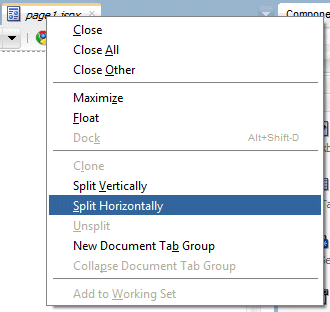 Design editor for page1.jspx with context menu and Split Document menu item selected.