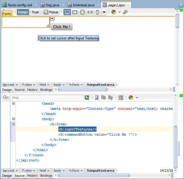 Structure window with the inputText component selected, and same component selected in both source and Design editors for page1.jspx.
