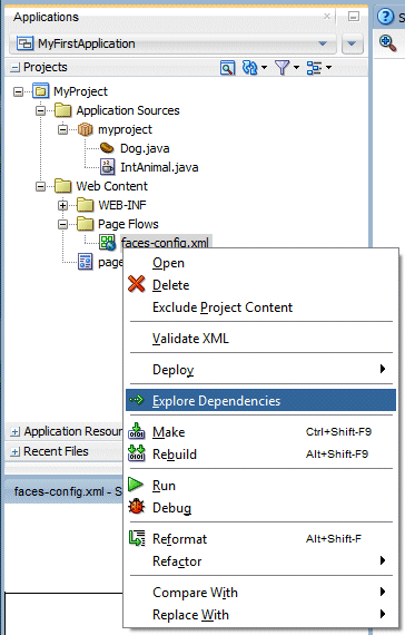 Application Navigator with WEB-INF node expanded and faces-config.xml below it expanded.
