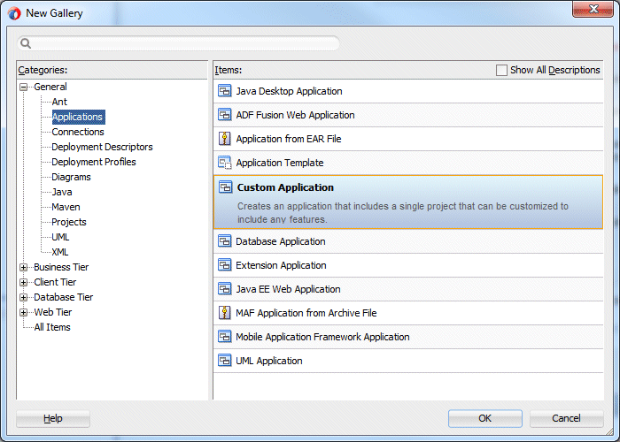 New Gallery with category Applications selected on the left and item Custom Application selected on the right