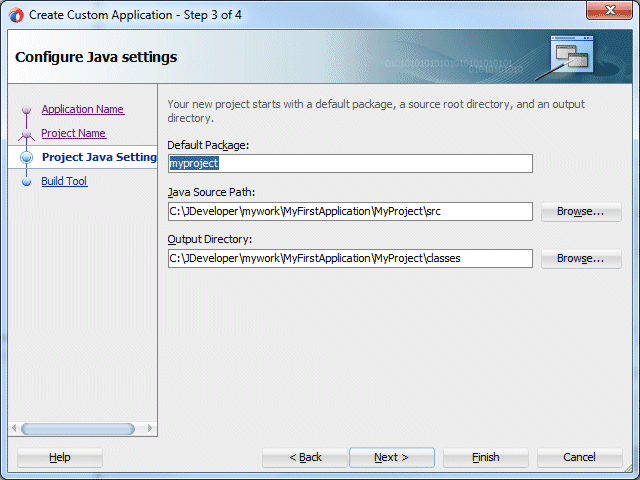 The Project Java Setting page of the wizard with the default package my project selected, and default paths for Java Source Path and Output Directory