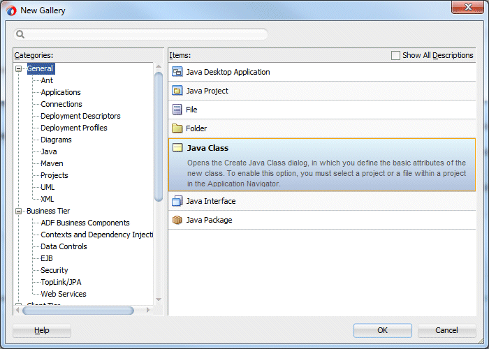 In the New Gallery dialog, Category General and Item Java Class are selected