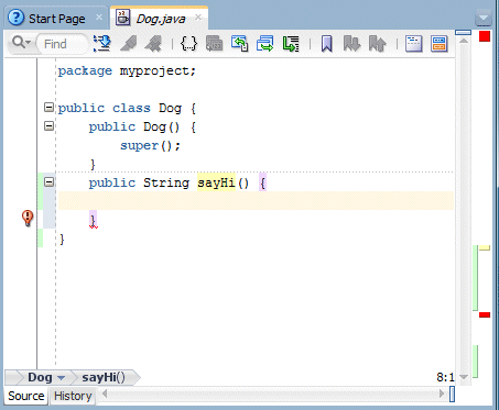 Source editor completes method declaration by adding final curly bracket. One red marker still remains