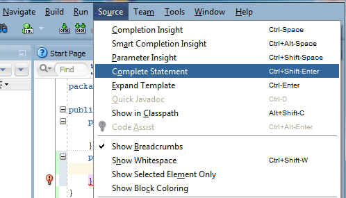 Cursor is on the Complete Statement menu option under the Source menu option on top menu bar.