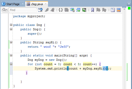 Source editor: 'count + myDog.sayHi()' inserted into parentheses following print ln.