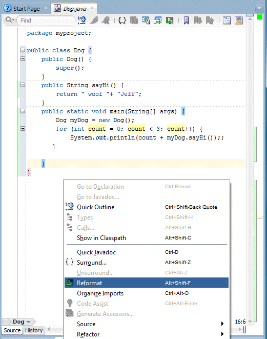 Source editor context menu; Reformat option selected.