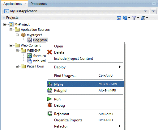 App Navigator, context menu for Dog.java, with Make menu option selected.