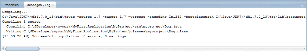 Log window with successful compilation message highlighted.