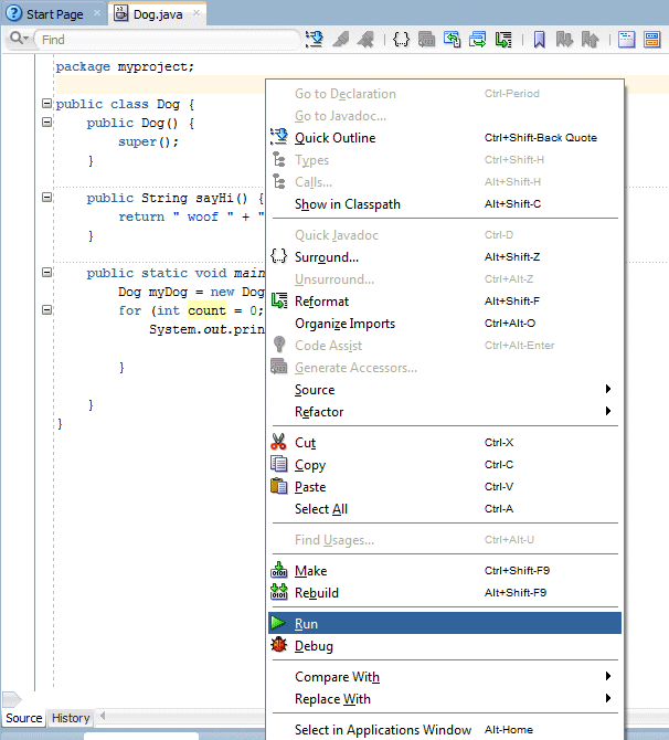 Context menu for Source editor, with Run menu option selected.