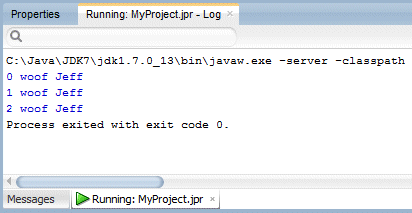 Log window with 3 iterations of 'woof Kate' message.