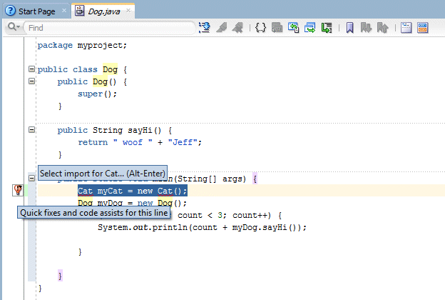 Source editor with cursor on light bulb icon displaying message that 'quick fixes and code assists' are available for this line