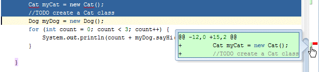 Source editor: cursor is over pink marker in right-hand gutter to display details of the task.