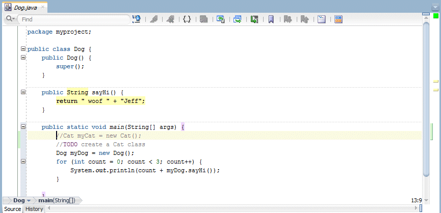 Source editor with comment markers at front of line that creates Cat object.