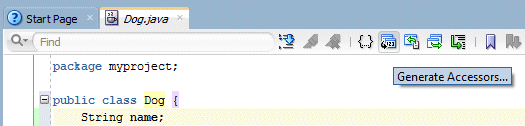 Source editor menu bar with the Generate Accessors icon indicated.