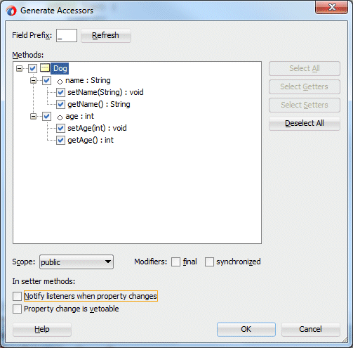 Generate Accessors dialog box showing check boxes to generate getters and setters for both variables checked.