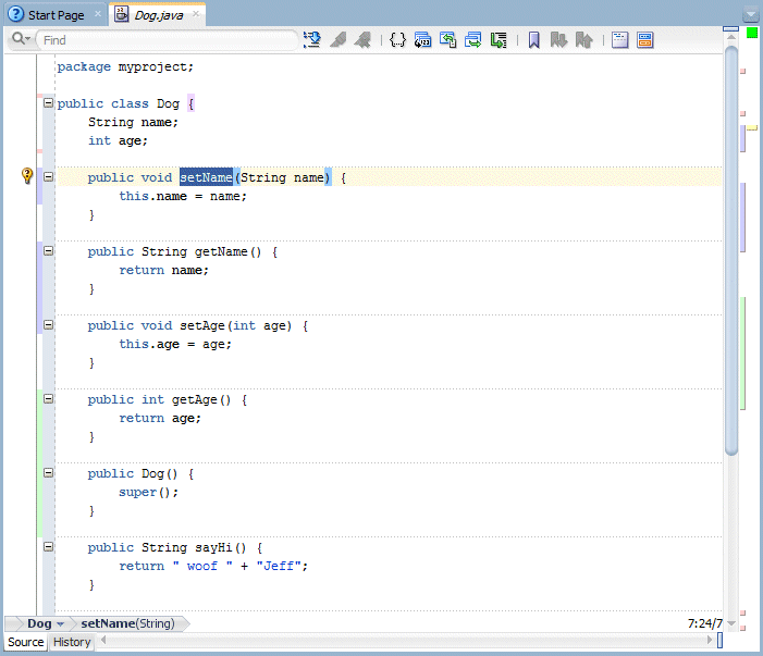 Source editor showing the getters and setters that have been generated for the name and age variables.