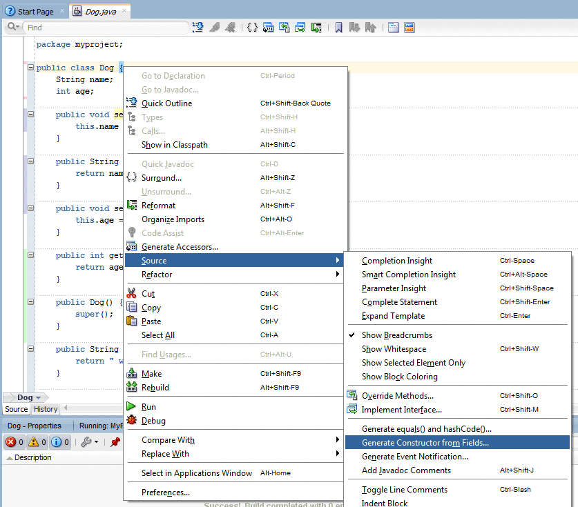 Source editor context menu with menu option Source > Generate Constructor from Fields menu option selected.