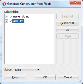 Generate Constructor from Fields dialog with check boxes to left of name and age fields checked.
