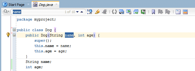 Source editor with 'name' in the Search box at top left of window, and name variable selected.