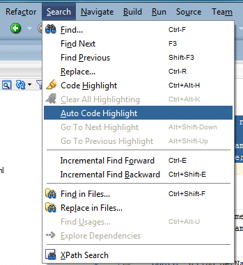 Search option from the main menu with Auto Code Highlight not selected