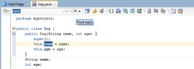 Source editor menu bar with down arrow in Search box indicated.