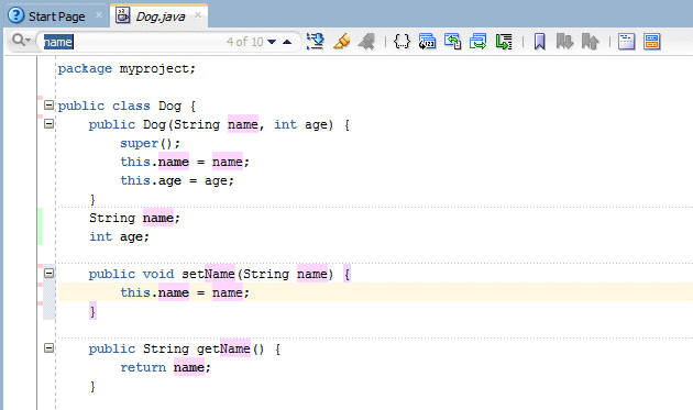 Search field options: Highlight Occurrences option is checked and all occurrences of 'name' are highlighted in the code.
