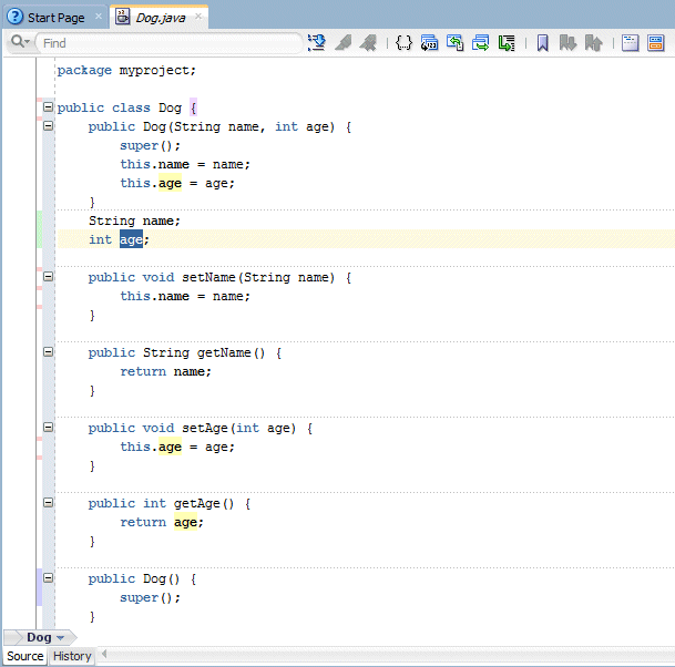 Source editor: this time all occurrences of 'age' variable are highlighted in yellow.