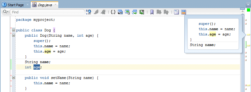 Source editor with cursor over yellow marker in right-hand gutter. Message pointing out usage of 'age' is displayed