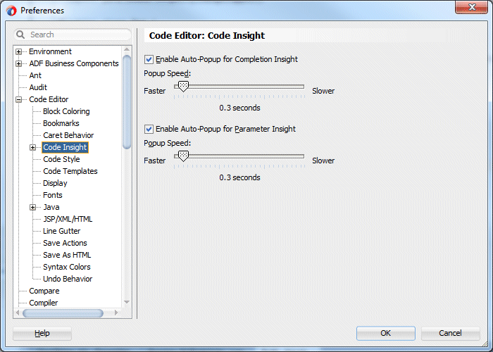 Code Insight selected on left: on right, scroll bar for changing the time taken for Code Insight to provide assistance