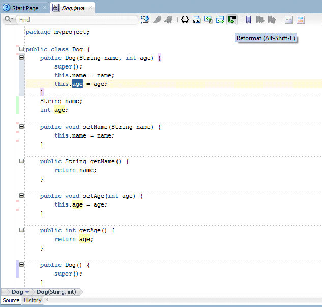 Source editor with the Reformat icon on main menu bar indicated.