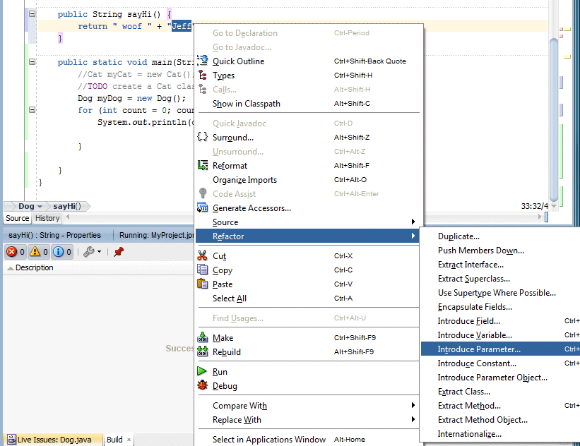 Source editor with the literal 'Kate' launching context menu: Refactor > Introduce Parameter menu option selected.