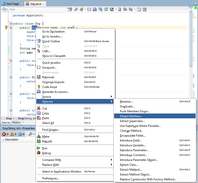 Source editor: Dog class declaration context menu with Refactor > Extract Interface menu option selected.
