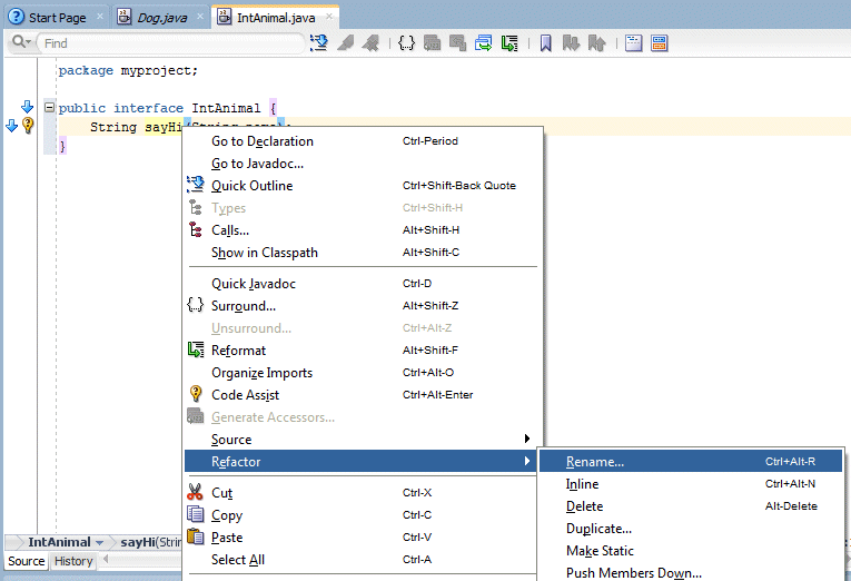 Source editor context menu for IntAnimal: Refactor > Rename selected from the context menu