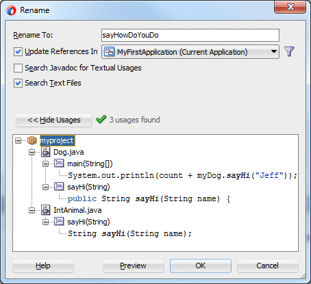 Log window below source editor shows 3 usages of the sayHi method. The cursor is pointing to the Do Refactoring icon.