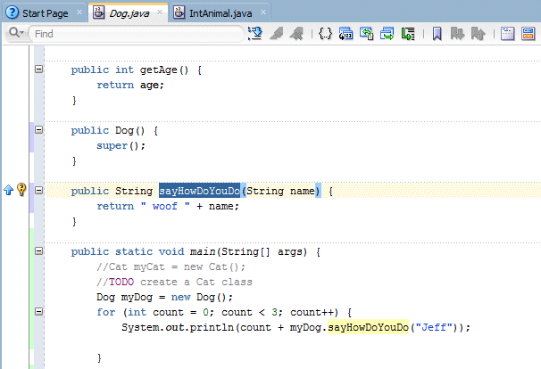 Source editor for Dog class with each occurrence of the newly named method highlighted in yellow.