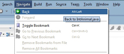 Source editor with Navigate menu option in main menu bar selected and Back menu item chosen from the list of menu items.