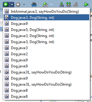 Source editor menu bar with the cursor on the  'down arrow' icon.List of previous locations is displayed.