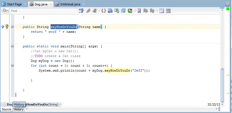 Source editor showing the Source, Design and History tabs at bottom of window. Cursor is positioned over History tab.