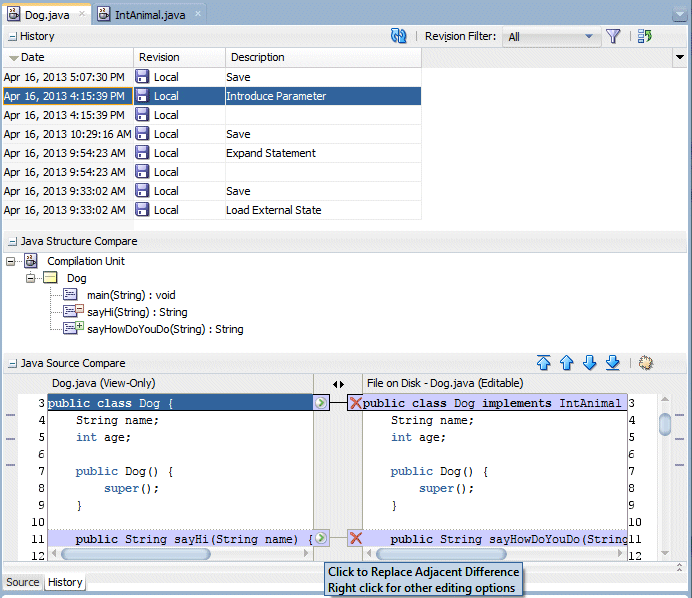 History window with Introduce Parameter revision selected in top part of window. The sayHi method is selected in the bottom part of the window, next to the revision - the sayHowDoYouDo method.
