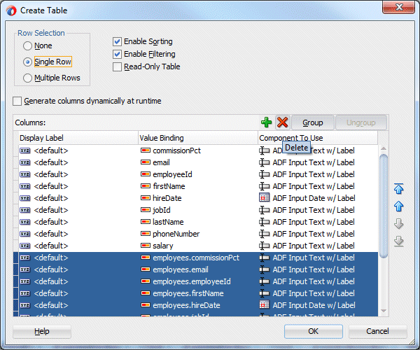 Edit Table Columns dialog