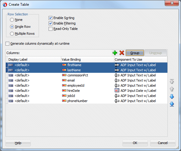 Edit Table Columns dialog