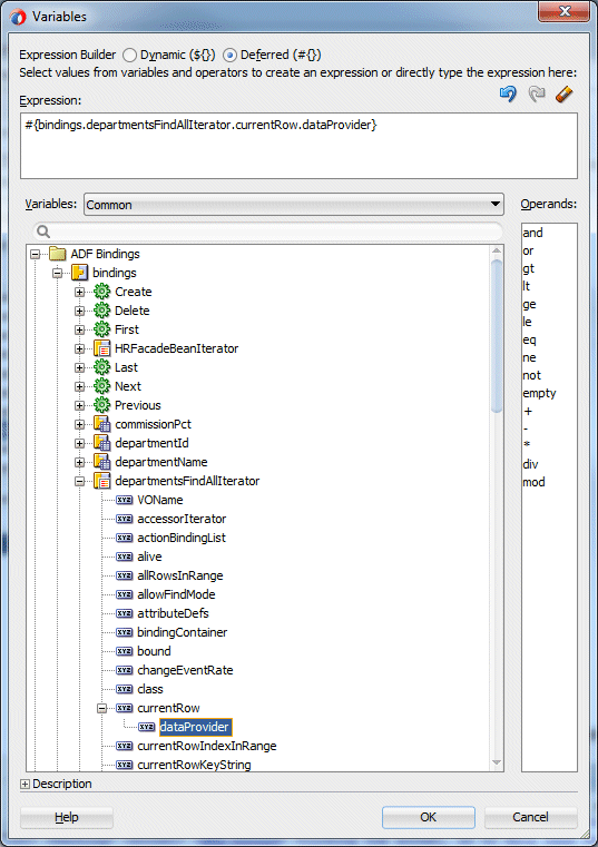 Variables dialog