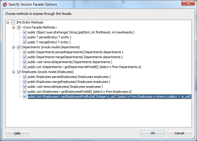 Specify Session Facade Options dialog